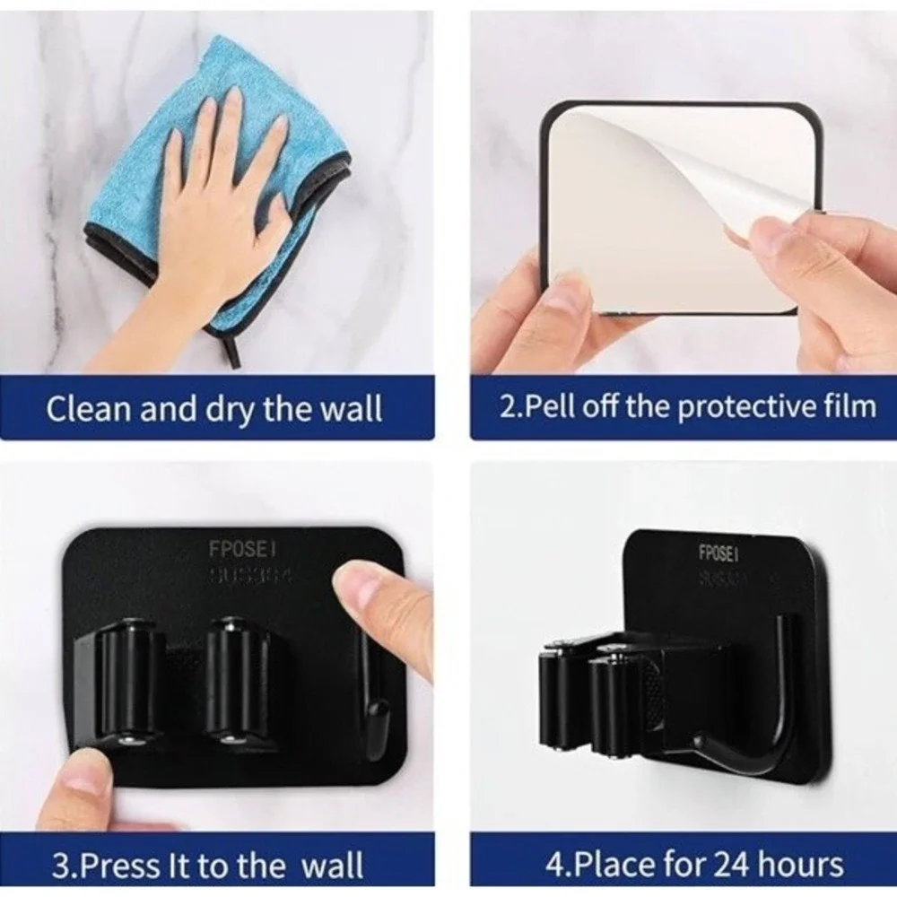 FPOSEI Broom Mop Holder‎ 4 Pack Black Stainless Steel Wall Mount Adhesive Hook